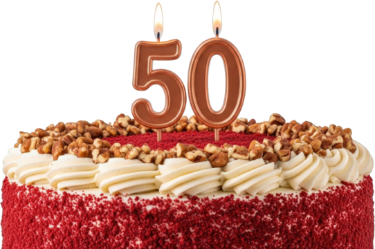 Delicious Red Velvet Cake with Pecans Burning 50 Candles for Anniversary