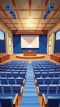 Interior illustration of an empty auditorium with blue chairs and projector screen