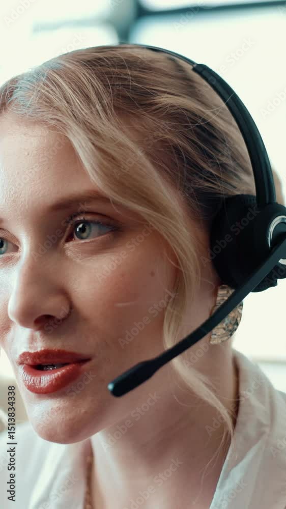 Poster woman, headset and call center agent in office with online consultation for crm, help desk or advice