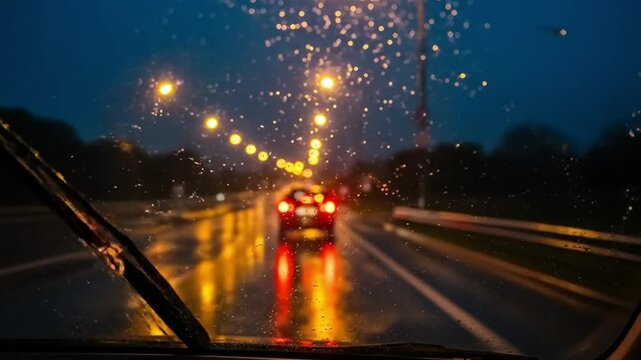 Nighttime Drive Through Rain Streaked Windshield