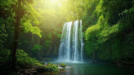 Enchanting tropical waterfall cascading amidst lush greenery and sunlight