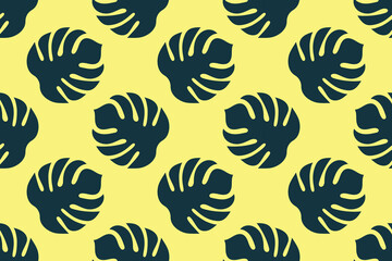 Seamless tropical monstera leaf pattern with dark silhouettes on yellow background. Perfect for summer textiles, packaging, and bright decorative projects.

