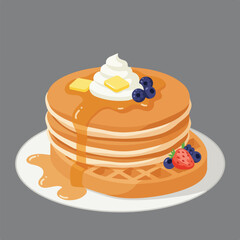 A stack of pancakes and a waffle, topped with whipped cream, butter, berries, and syrup.