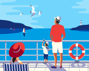 Family sea trip vacation journey tourist vector illustration. Family together on cruise vessel deck enjoy idyllic seaside landscape beauty view, seagulls flight, yachts on blue ocean water background
