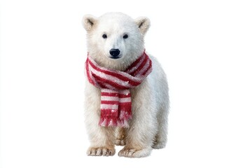 Obraz premium Adorable polar bear cub in red scarf isolated on white background
