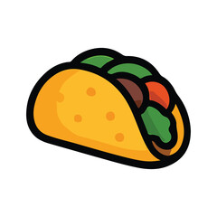 A vibrant and stylized taco illustration featuring a yellow shell, green lettuce, brown meat, and red tomato slices. Outlined in black for a bold appearance, ideal for food-related designs, menus, web