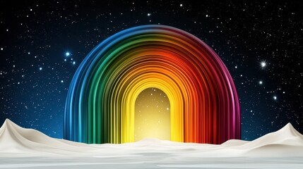 Fototapeta premium Vibrant rainbow arching over a snowy landscape under a starry night sky. Pixelated rainbow effect, bright colors, and soft snow create a magical, dreamy atmosphere.