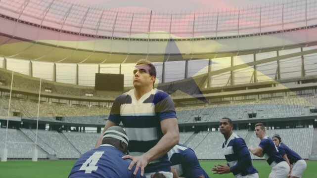 Scrum-half throwing ball on rugby pitch, forwards lifting jumper catching  and  flanker scanning fie
