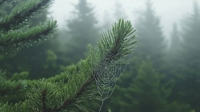 Delicate spiderweb on a misty pine branch
