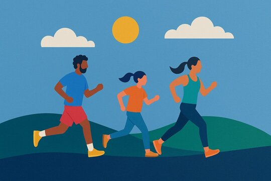 Graphic of diverse runners sprinting along a stylized track with sun and clouds overhead on Global Running Day