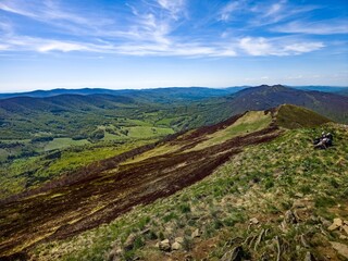 View from Połonina Carycka towards the Bieszczady Mountains, covered with forests, the region in Europe with the lowest population density.