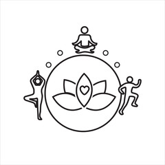 Minimal line art of wellness healthy lifestyle icons: lotus flower, meditating person, yoga pose, and running figure.