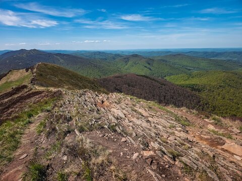 View from Połonina Carycka towards the Bieszczady Mountains, covered with forests, the region in Europe with the lowest population density.