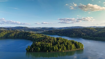 Panoramic picture of a submerged mountain peaks in the artificial Lake Solina in southern Poland
