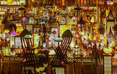 A very colorful Egyptian shop with lamps that glow in the dark