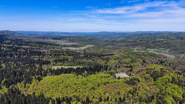 A shot from a drone of the wild, forested Bieszczady Mountains, the region in Europe with the lowest population density, near Otryt