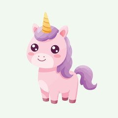 An adorable, cartoon unicorn with pink fur, a purple mane, and a golden horn is centered on a soft green background.