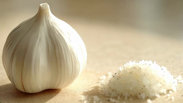 Close up of garlic bulb and pile of salt, representing a culinary scene and flavorful ingredients.