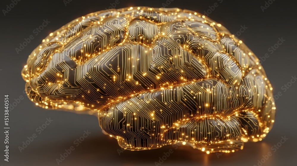 Poster conceptual illustration of a computer brain representing advanced neural processing and corporate st