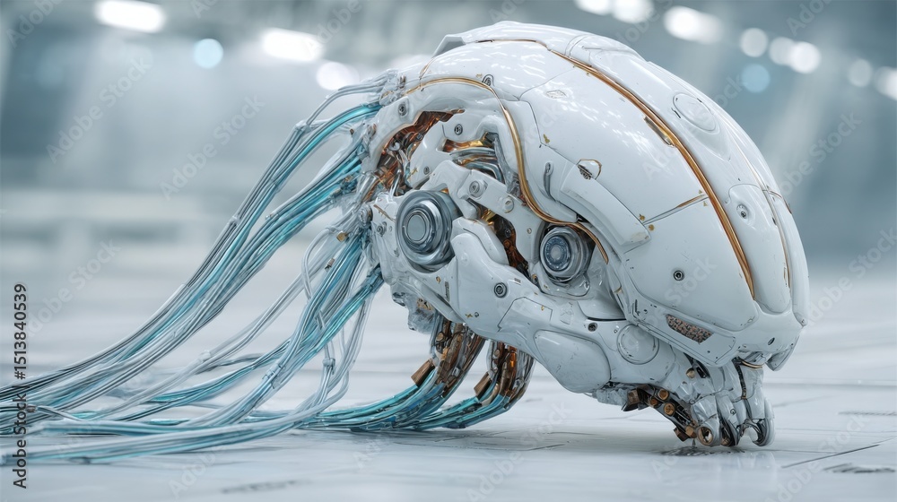 Poster close-up view of a robot with wires in its mouth symbolizing advanced neural technology and machine 