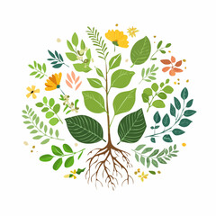 Hand-Drawn Firefly Illustration Herbal Elements, Leaves, Flowers, Roots