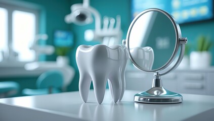 Healthy white tooth model with mirror in modern dental office