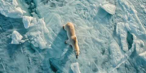 Obraz premium top down aerial shot of polar bear on ice, global warming concept