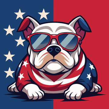 Patriotic bulldog wearing sunglasses and celebrating american independence with stars and stripes