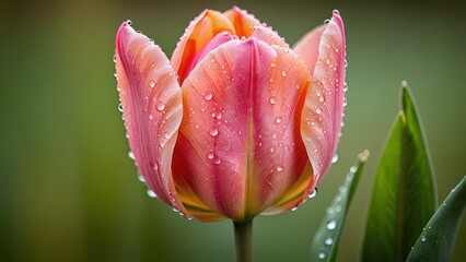 closed tulip flower, soft peach and pink petals with delicate water droplets 