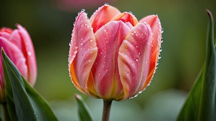 Naklejka premium closed tulip flower, soft peach and pink petals with delicate water droplets 