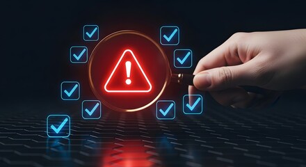 Conceptual representation of digital risk and warning, with a magnifying glass illuminating a hazard icon, encircled by multiple checkmarks, symbolizing assessment and validation.