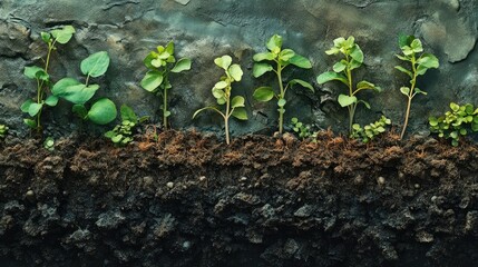 Row of young plants growing from soil.