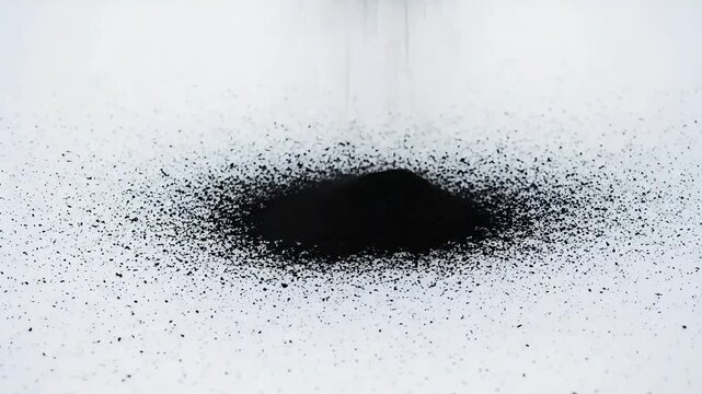 Dark soot particles settling on pristine white snow background  