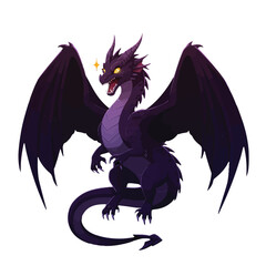 A purple dragon with yellow eyes and open mouth with its wings spread on a white background.