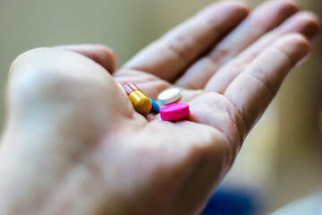 pills in hand,Pills, treatment, health care, quality of life, health concept, background, texture, scene, advertising space