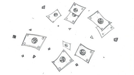 Fototapeta premium A sketched illustration of multiple bills with a stylized currency symbol floating in the air, scattered randomly against a white background