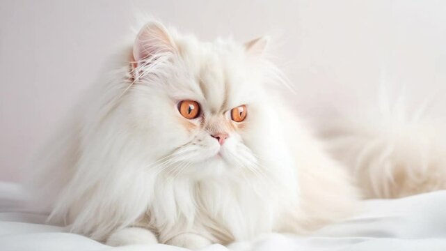 Elegant white Persian cat with striking orange eyes resting on a soft white surface in a serene environment