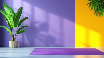 Purple yoga mat on light wooden floor against a vibrant purple and yellow wall with tropical plants. Sunlight streams through a window, casting shadows. Minimalist and peaceful.