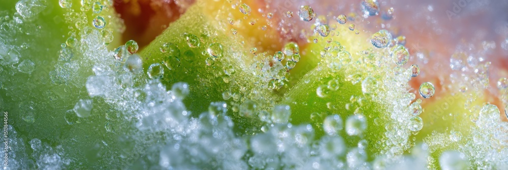 Poster Macro View of Frost Particles on a Frozen Vegetable Pack With Soft Right Margin Revealing Details of Icy Texture and Color Variations