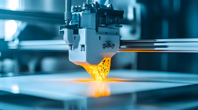 Close-up of a 3d printer nozzle extruding molten plastic onto a surface.