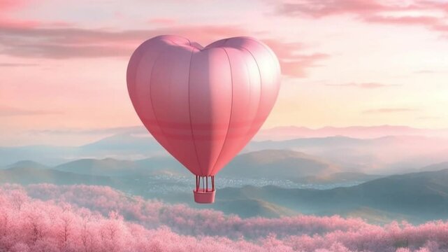 Heart-shaped hot air balloon floating over pink-hued landscape at sunrise, serene and romantic atmosphere