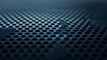 Close-up view of a dark blue metal surface with a honeycomb pattern.