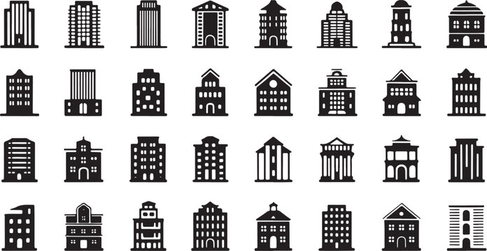 Collection of building icons for design projects a single high quality icon set featuring diverse architectural styles