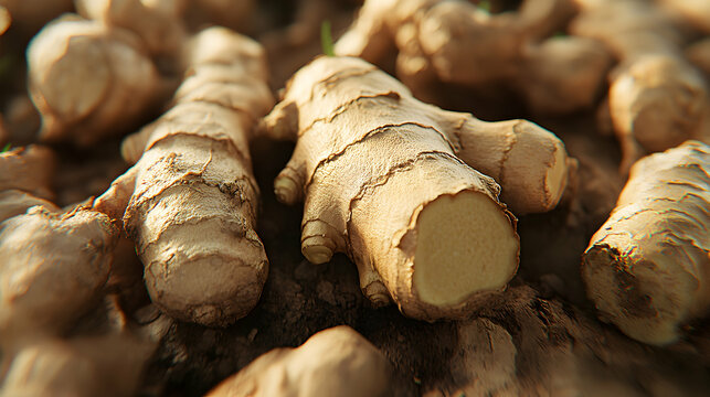 Close up of fresh ginger root harvested on a textured surface.