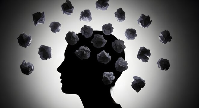 An artistic silhouette of a person's head, surrounded by floating crumpled paper balls, symbolizing the complexity and challenges of mental processes.