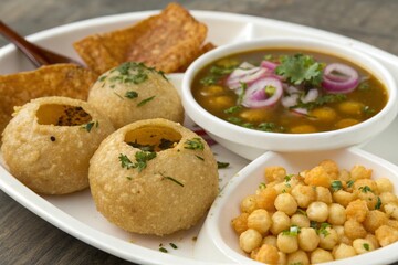 Delicious north and south indian street food pani puri gol gappa with tamarind water served in white plate 
