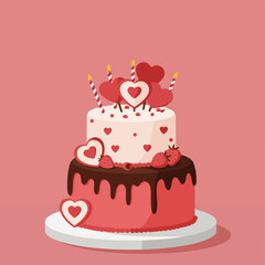 A lovely two-tiered cake decorated with hearts, candles, and strawberries sits on a white plate.