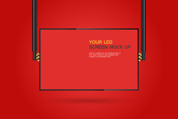 A Hanging red LED Screen Mockup in 3D vector, illusstration. the Realistic LED screen on red background. The Illuminated lightbox with empty space for design