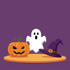 A Halloween scene features a pumpkin, ghost, and witch hat on an orange stand against purple.