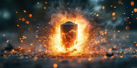 Dramatic depiction of a battery exploding amidst sparks and smoke, showcasing power